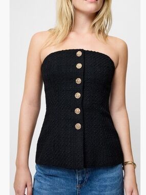 French Connection Black Structured Tweed Strapless  Top with Gold Buttons
